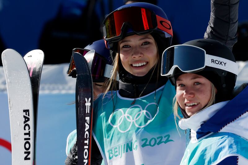Eileen Gu of China, left, won the women's freestyle skiing big air final at the Beijing 2022 Winter Olympics. EPA