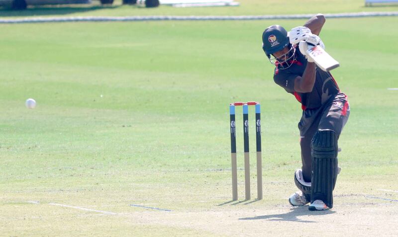 Vriitya Aravind of UAE plays a shot in the ICC World T20 Global Qualifiers A Group A match between Ireland and the UAE at the Oman Cricket Academy Ground in Muscat, Oman on 18th February 2022. Subas Humagain