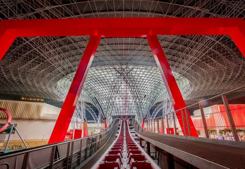 Turbo Track, the newest rollercoaster at Ferrari World, rises to 64 metres above Yas Island. Courtesy Ferrari World Abu Dhabi