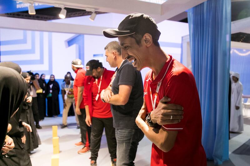 ABU DHABI, UNITED ARAB EMIRATES - OCTOBER 09, 2018. 

Special Olympics athlete Ahmed Al Jailani takes part in fitness challenges with students attending Mohammed Bin Zayed Council for Future Generations, held at ADNEC.

(Photo by Reem Mohammed/The National)

Reporter: SHIREENA AL NUWAIS + ANAM RIZVI
Section:  NA