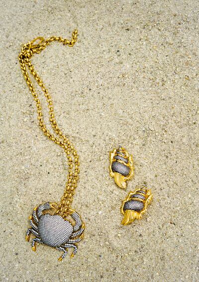 Crab and shellfish jewellery made in 24 karat gold-plated bronze encrusted with crystals, by Begum Khan. Photo: Begum Khan