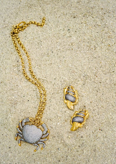 Crab and shellfish jewellery made in 24 karat gold-plated bronze encrusted with crystals, by Begum Khan. Photo: Begum Khan