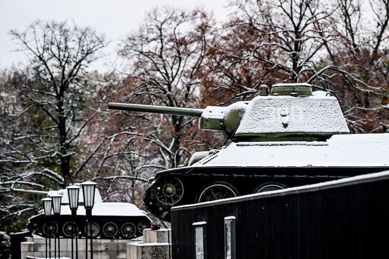 Snow covers T-34 tanks at the Soviet War Memorial in the Tiergarten, Berlin. EPA