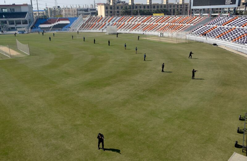 Security personnel conduct a drill ahead of a first Test between Pakistan and Australia in Rawalpindi. AP