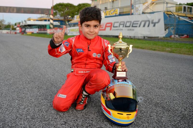 Rashid Al Dhaheri, also known as Little Alonso, will be among the many participating at Dubai Kartdrome's kart day. Courtesy Al Dhaheri family