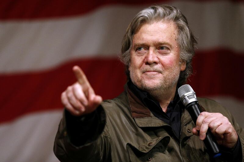 FILE PHOTO: Former White House Chief Strategist Steve Bannon speaks during a campaign event for  Republican candidate for U.S. Senate Judge Roy Moore in Fairhope, Alabama, U.S., December 5, 2017.  REUTERS/Jonathan Bachman/File Photo