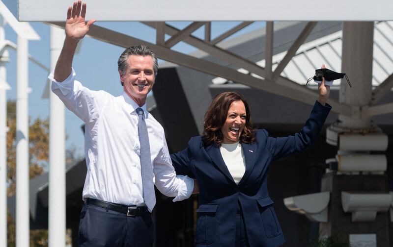 US Vice President Kamala Harris campaigned against the recall of California Governor Gavin Newsom during an event at the IBEW-NECA Joint Apprenticeship Training Center in San Leandro, Calif. on Sept 8, 2021. AFP
