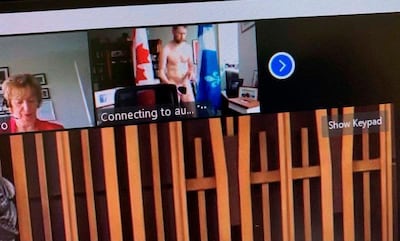 EDS NOTE: NUDITY - This screenshot obtained by The Canadian Press shows Liberal MP William Amos, top, naked in his office during a video conference call on Wednesday, April 14, 2021. Amos, who has represented the Quebec district of Pontiac since 2015, appeared on the screens of his fellow lawmakers completely naked and says his video was accidentally turned on as he was changing into his work clothes after going for a jog. (Canadian Parliament/The Canadian Press via AP)