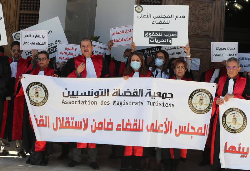 Tunisian judges protest against President Kais Saied's move to dissolve the Supreme Judicial Council in February. Photo: EPA