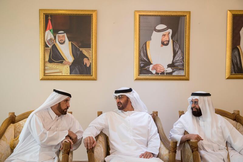 ABU DHABI, UNITED ARAB EMIRATES - July 15, 2017: HH Sheikh Mohamed bin Zayed Al Nahyan Crown Prince of Abu Dhabi Deputy Supreme Commander of the UAE Armed Forces (C) offers condolences to the family of Gumasha Suhail Faris Al Mazrouei, in Al Mushrif.

( Mohamed Al Hammadi / Crown Prince Court - Abu Dhabi )
---