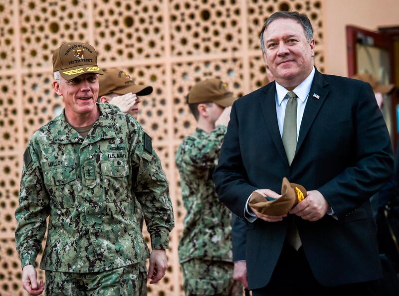US Secretary of State Mike Pompeo walks with Vice Admiral James Malloy (L), commander of the US Naval Forces Central Command (NAVCENT)/5th Fleet, after a tour of the US Naval Forces Central Command center in Manama on January 11, 2019.  / AFP / POOL / ANDREW CABALLERO-REYNOLDS
