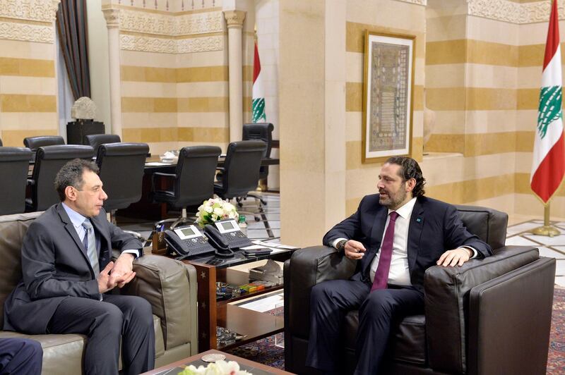 Lebanese Prime Minister Saad Hariri meets with Nizar Zakka, a Lebanese citizen and permanent US resident, who was released in Tehran after nearly four years in jail on charges of spying.  EPA