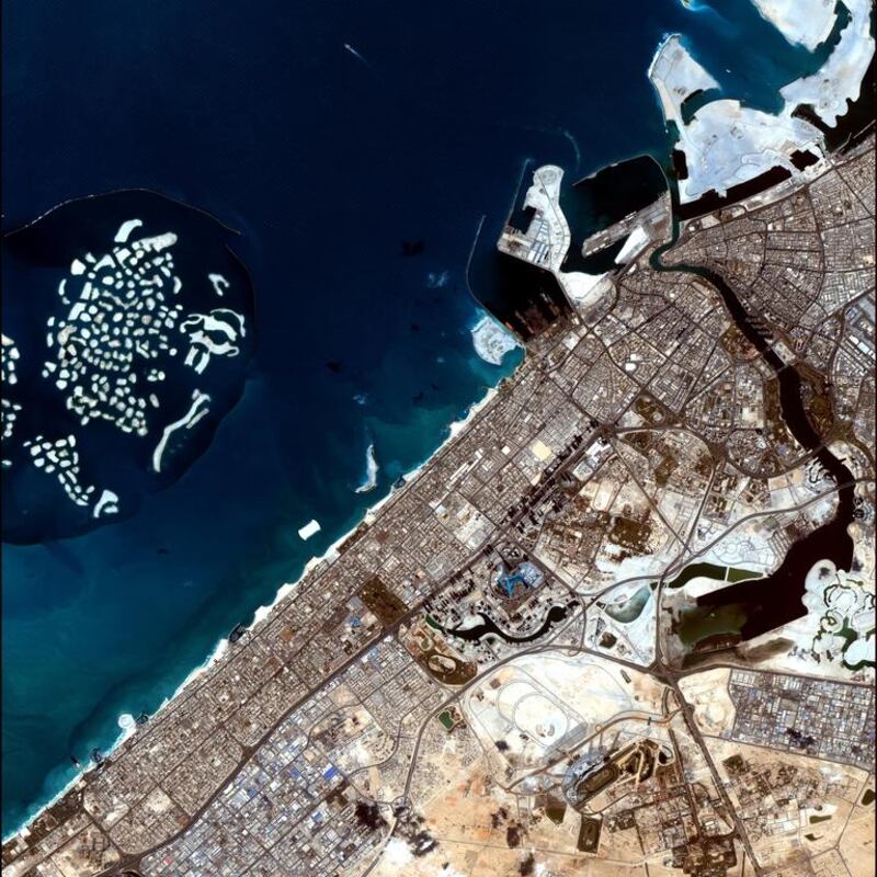 An image from DubaiSat-1 of the World Islands and the Dubai coastline. Courtesy EIAST