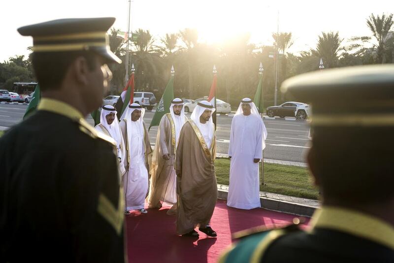 Sheikh Hamdan bin Mohammed, Crown Prince of Dubai, arrives for the sign unveiling ceremony accompanied by Sheikh Ahmed bin Mohammed, Chairman of the Mohammed bin Rashid Al Maktoum Foundation, Dr Anwar Gargash, UAE Minister of State for Foreign Affairs, and Dr Mohammed Al Bishr, Ambassador of Saudi Arabia to the UAE. Reem Mohammed / The National