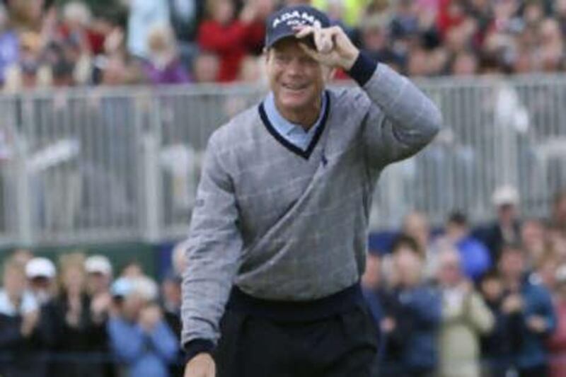 Tom Watson celebrates victory at last year's Senior British Open Championship.