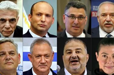 Clockwise from top left, the new coalition is made up of: Yesh Atid, led by Yair Lapid; Yamina, led by Naftali Bennett; New Hope, led by Gideon Sa'ar; Israel Beiteinu led by Avigdor Lieberman; the Israeli Labour Party, led by Merav Michaeli; Ra'am, led by Mansour Abbas; Blue and White, led by Benny Gantz; and Meretz, led by Nitzan Horowitz. AFP 