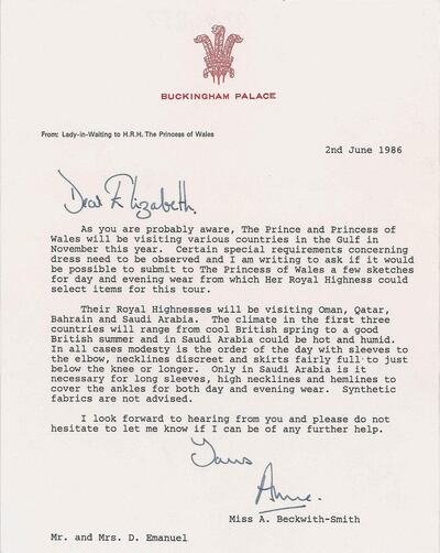 A Buckingham Palace missive to David and Elizabeth Emanuel highlighted the need for modest attire in Gulf countries. Courtesy RR Auction