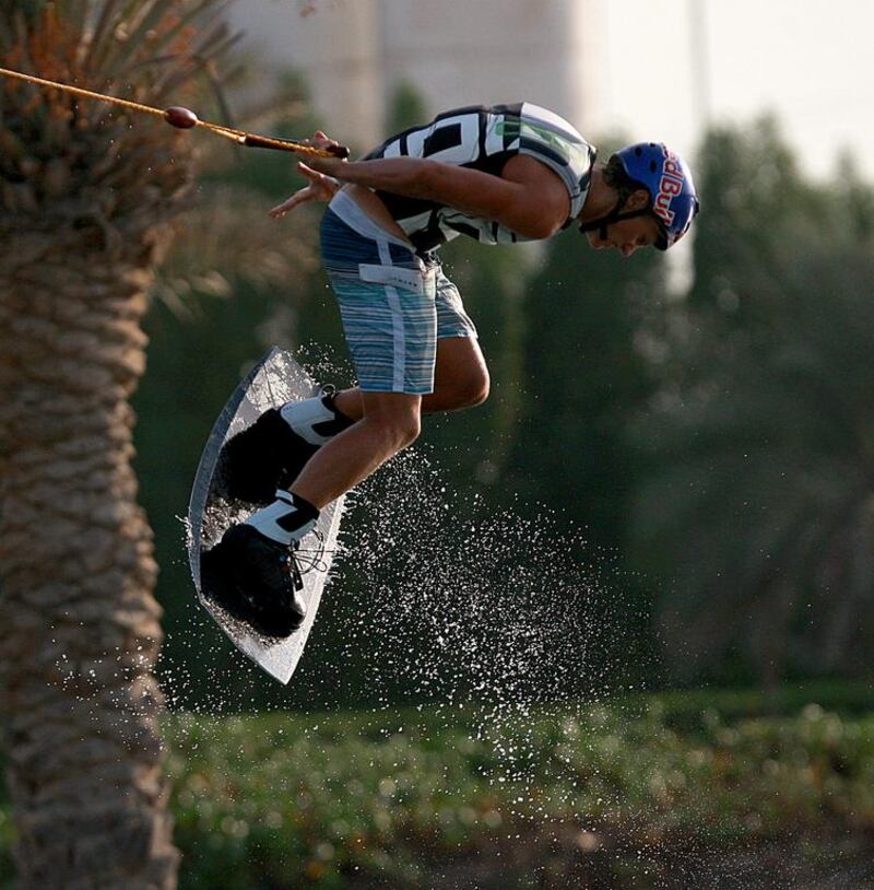 Germany's Dominik Guhrs competing during the final day of the World Wakeboarding Association Wake Park World Championships in Abu Dhabi on Friday. Satish Kumar / The National