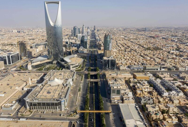 Kingdom tower and the King Fahad road, which remains empty because of the Covid-19 pandemic, on the first day of the Eid in the Saudi capital Riyadh. AFP