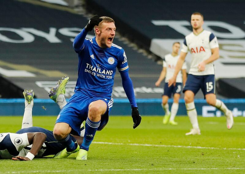 Soccer Football - Premier League - Tottenham Hotspur v Leicester City - Tottenham Hotspur Stadium, London, Britain - December 20, 2020 Leicester City's Jamie Vardy celebrates after Tottenham Hotspur's Toby Alderweireld scored an own goal and Leicester City's second Pool via REUTERS/Frank Augstein EDITORIAL USE ONLY. No use with unauthorized audio, video, data, fixture lists, club/league logos or 'live' services. Online in-match use limited to 75 images, no video emulation. No use in betting, games or single club /league/player publications.  Please contact your account representative for further details.