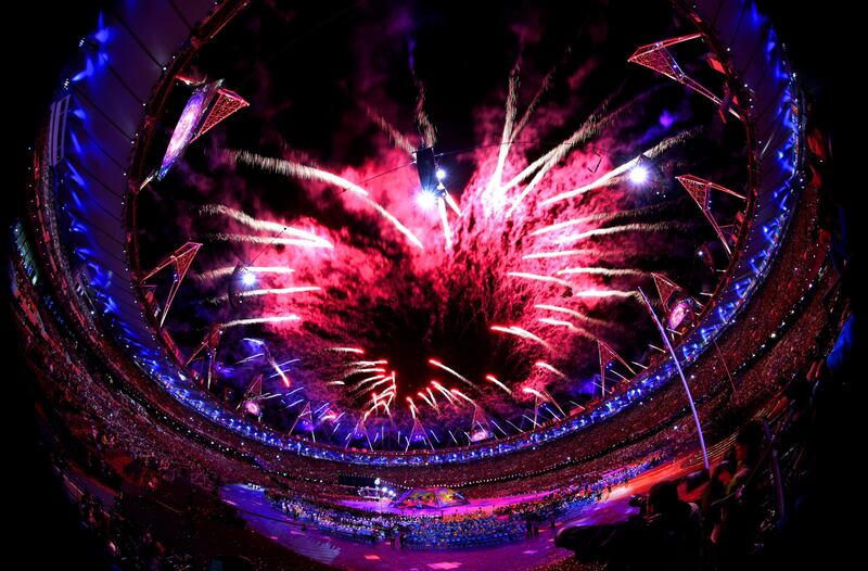 LONDON, ENGLAND - AUGUST 29:  (EDITORS NOTE: THIS IMAGE WAS CREATED WITH A FISH EYE LENS) Fireworks light up the stadium during the Opening Ceremony of the London 2012 Paralympics at the Olympic Stadium on August 29, 2012 in London, England.  (Photo by Chris Jackson/Getty Images) *** Local Caption ***  150952678.jpg