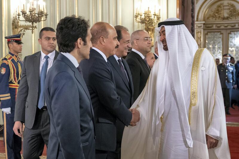 ALEXANDRIA, EGYPT - March 27, 2019: HH Sheikh Mohamed bin Zayed Al Nahyan, Crown Prince of Abu Dhabi and Deputy Supreme Commander of the UAE Armed Forces (R) greets a member of Egypt delegation, at Ras El Tin Palace

( Mohamed Al Hammadi / Ministry of Presidential Affairs )
---