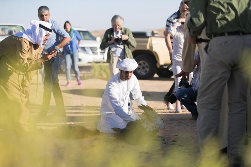 ABU DHABI, UNITED ARAB EMIRATES - DEC 6, 2017

Habara hunting trip at the fourth International Festival of Falconry. 

Tom is one of the original 27 falconers that were in Abu Dhabi in 1976 to receive Sheikh Zayed's invitation to falconers from around the world to convene in the desert of Abu Dhabi and build a strategy for the sport’s development.

(Photo by Reem Mohammed/The National)

Reporter: Anna Zacharias
Section: NA