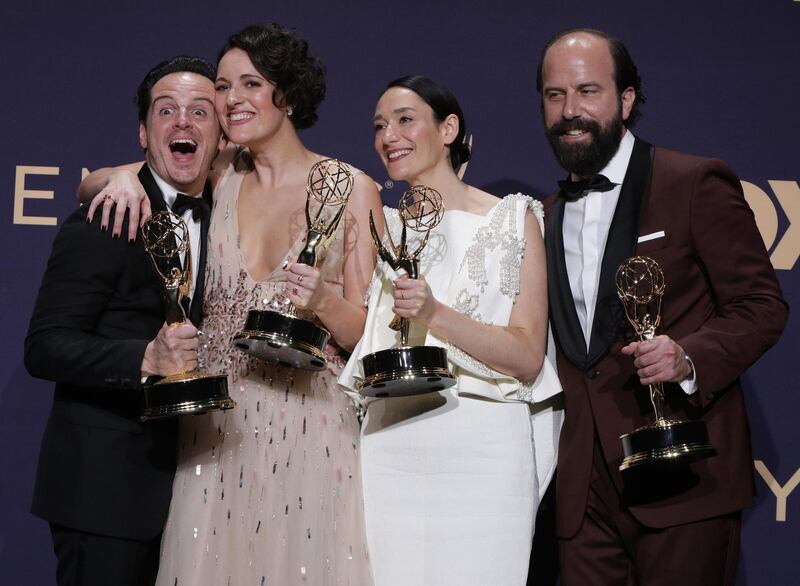 The cast of Fleabag poses backstage with their Outstanding Comedy Series award. Reuters