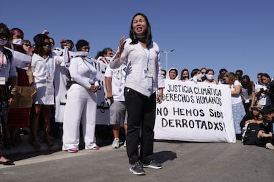 Filipina activist Ana Gabriela Celestial speaks at a protest gathering to demand freedom for imprisoned human rights and environmental activists around the world during Cop27in Sharm El Sheikh, Egypt. Getty