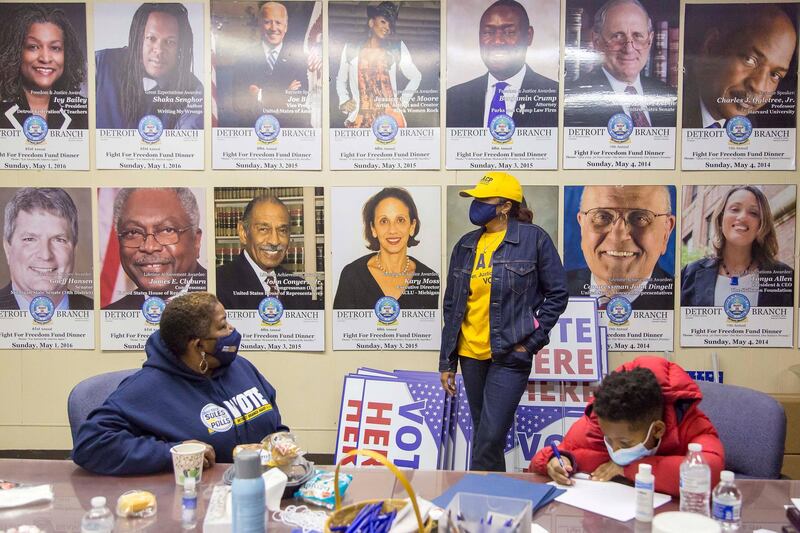 Volunteers gather at Detroit Branch NAACP Tuesday evening before polls closed in Detroit, Michigan.  EPA