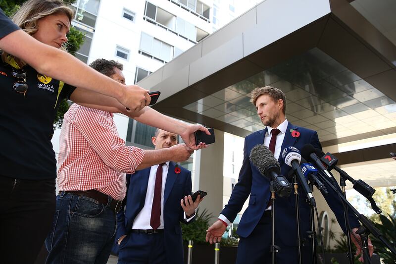 PERTH, AUSTRALIA - OCTOBER 29:  Joe Root of England addresses the media after arriving at the team hotel on October 29, 2017 in Perth, Australia, ahead of the 2018/18 Ashes Series in Australia.  (Photo by Paul Kane/Getty Images)