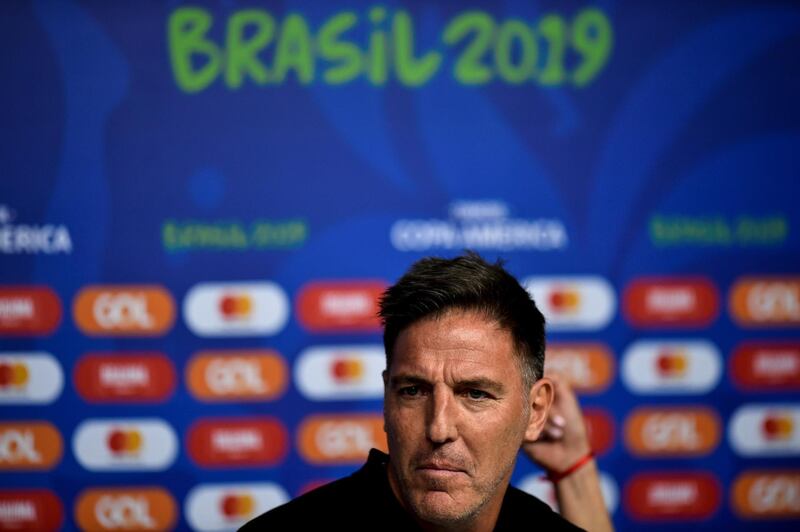 Paraguay manager Eduardo Berizzo attends a press conference at Mineirao Stadium. EPA