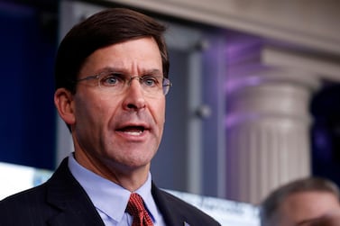 US Defence Secretary Mark Esper speaks about the coronavirus at the White House in Washington on April 1, 2020. AP Photo