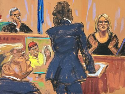 A courtroom sketch of Donald Trump as he watches Stormy Daniels questioned by prosecutor Susan Hoffinger during his criminal trial, in New York City, on May 7. Reuters