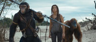 Noa, played by Owen Teague, Freya Allan as Nova, and Raka, played by Peter Macon, in Kingdom of the Planet of the Apes. AP