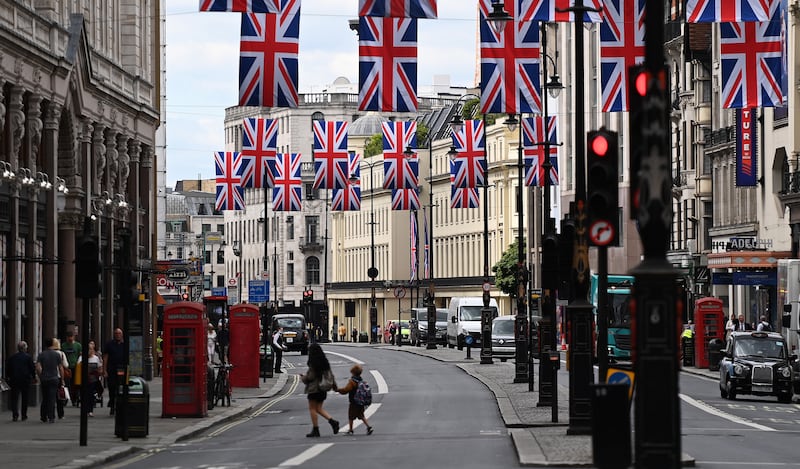 Union flags in London. The latest data means the British economy is on track to contract overall in the third quarter. EPA