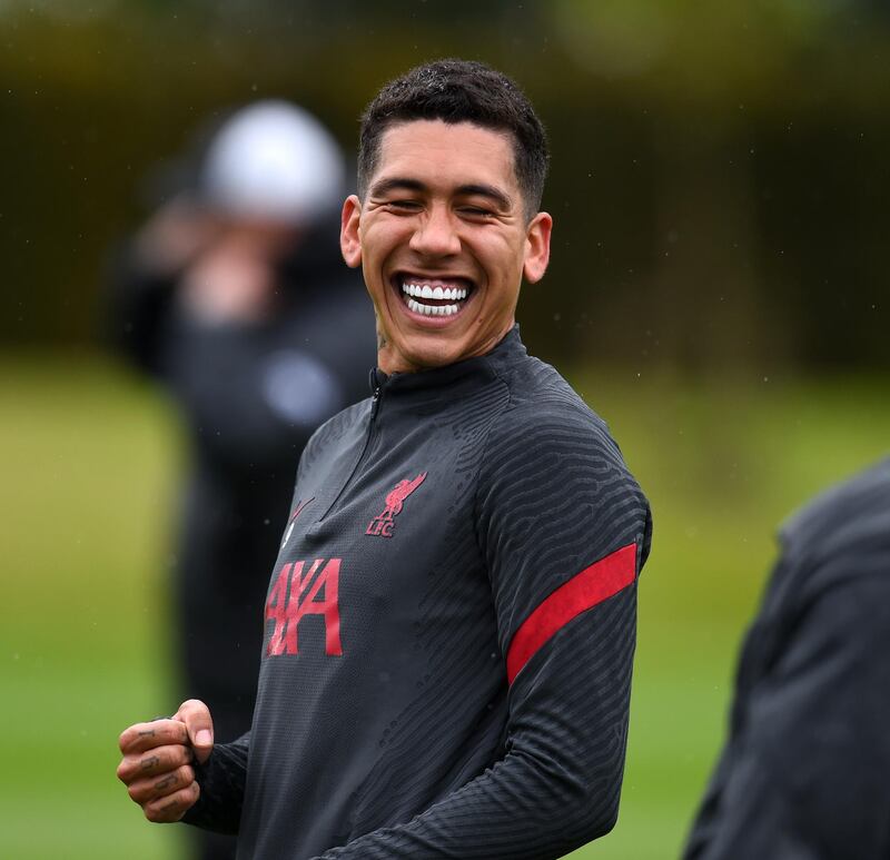 KIRKBY, ENGLAND - MAY 11: (THE SUN OUT, THE SUN ON SUNDAY OUT) Roberto Firmino of Liverpool during a training session at AXA Training Centre on May 11, 2021 in Kirkby, England. (Photo by Andrew Powell/Liverpool FC via Getty Images)