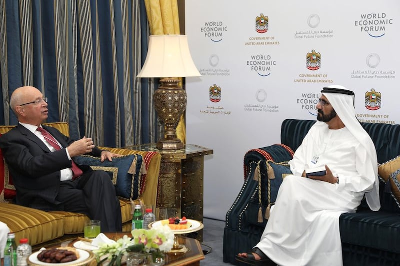 Sheikh Mohammed bin Rashid, Vice President and Ruler of Dubai, meets with Klaus Schwab, founder of the World Economic Forum, in Dubai. Wam