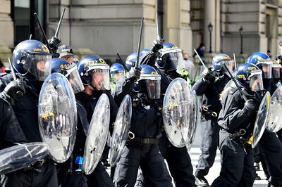 Police officers during the 'Enough is Enough' demonstration in Liverpool. AFP