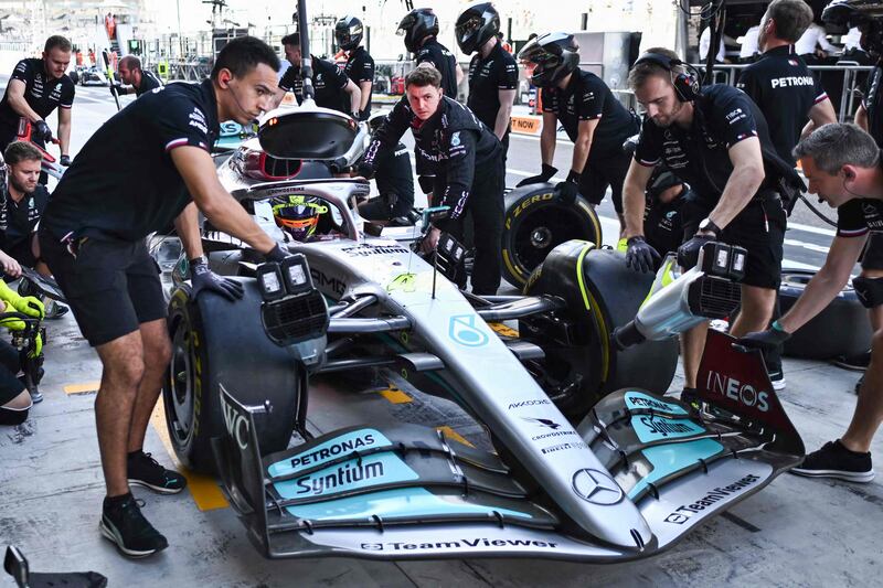 Mercedes' British driver Lewis Hamilton pits during the first practice session ahead of the Abu Dhabi Formula One Grand Prix at the Yas Marina Circuit. AFP