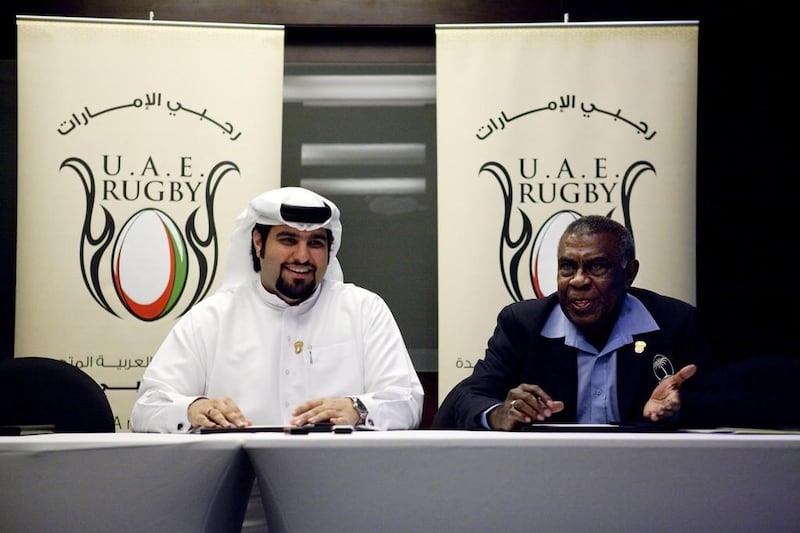 Saood Belshalat, pictured alongside former UAE performance manager Epeli Lagiloa in 2013, has been appointed the head of UAE rugby league. Christopher Pike / The National 