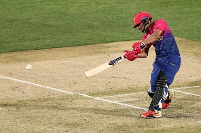 UAE's Aayan Khan, 16, bats during the T20 World Cup match against   Netherlands at Kardinia Park, in Geelong. AFP