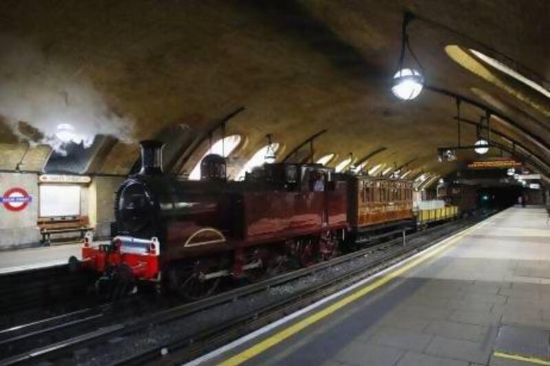 A restored steam engine from 1898 at the Baker Street Underground in London. Oli Scarff / Getty Images