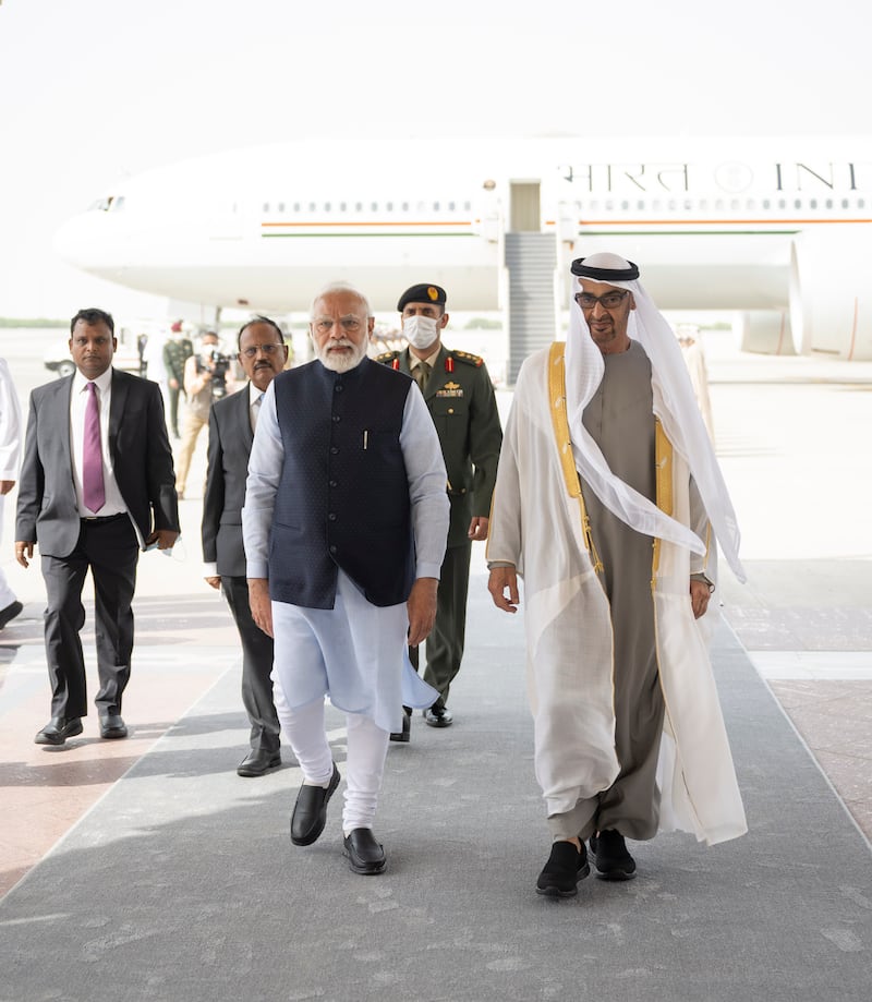 President Sheikh Mohamed welcomes Mr Modi at the Presidential Airport.
