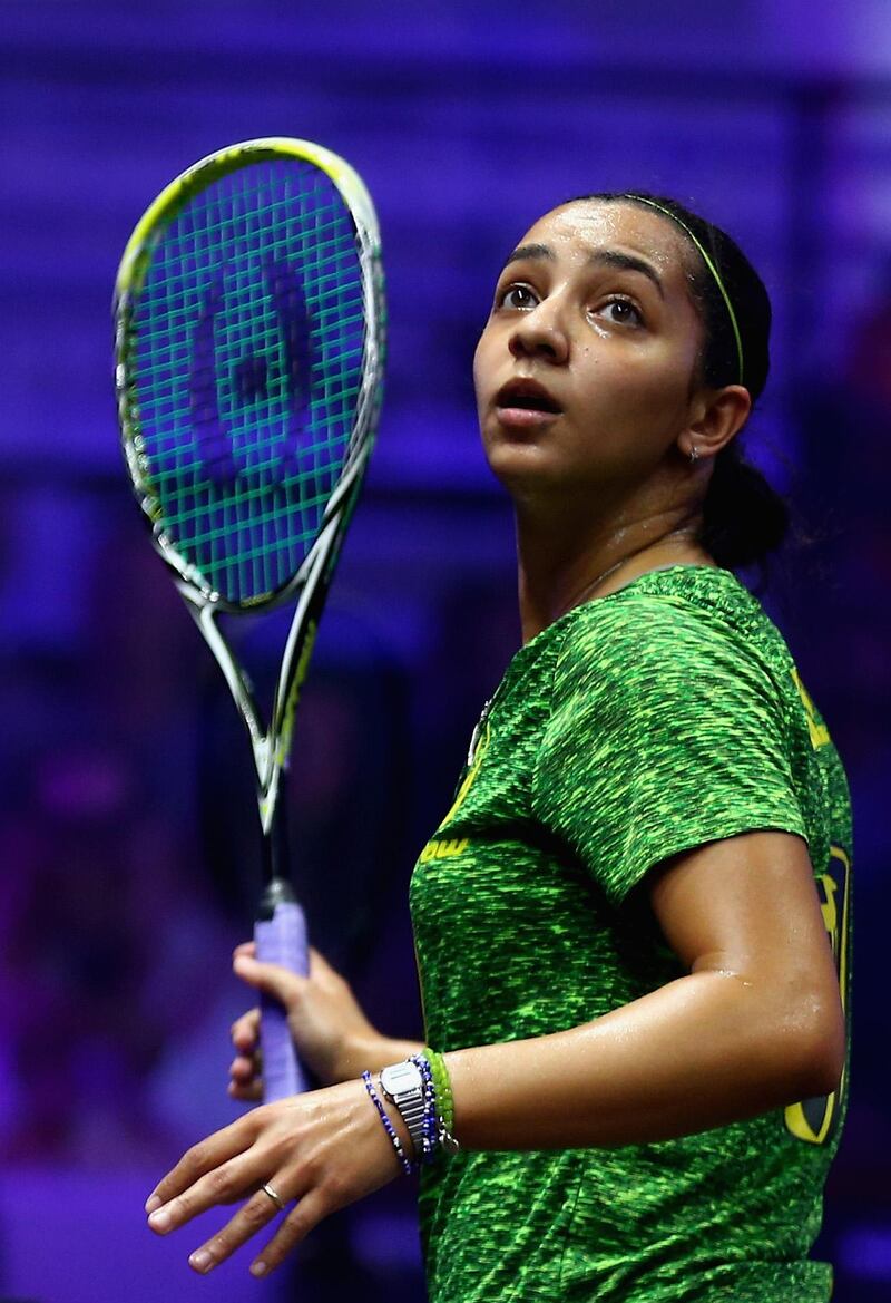 DUBAI, UNITED ARAB EMIRATES - MAY 24:  Raneem El Welily of Egypt competes against Nour El Sherbini of Egypt during day one of the PSA Dubai World Series Finals 2016 at Burj Park on May 24, 2016 in Dubai, United Arab Emirates.  (Photo by Francois Nel/Getty Images)