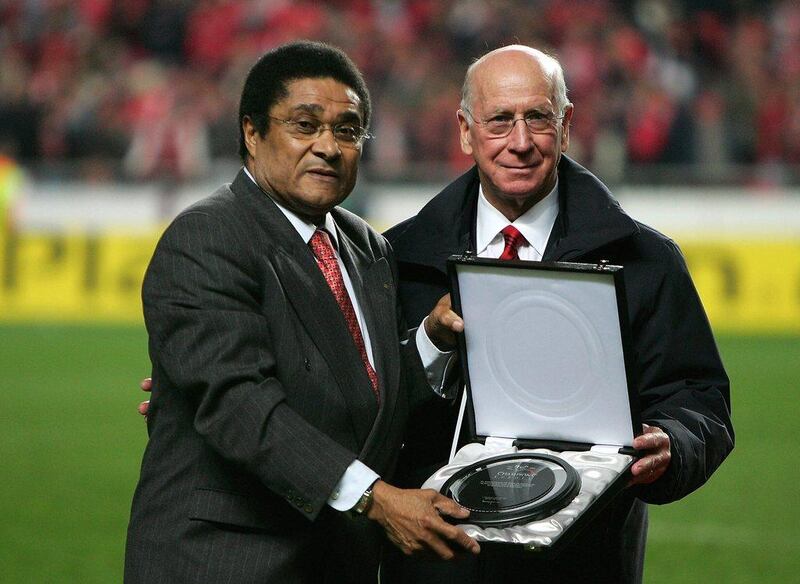 Eusebio and Bobby Charlton at the Stadium of Light in 2005 for a presentation during a Champions League group match between Benfica and Manchester United. Eusebio was the runner-up to Charlton in the 1966 Ballon d'Or voting by one point. Mike Hewitt / Getty Images