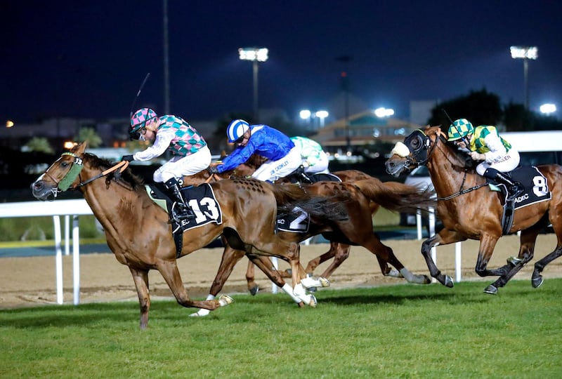 Abu Dhabi, United Arab Emirates, February 9, 2020.  H.H. The President Cup Race Meeting, Abu Dhabi Equestrian Club.  Rmmas, trained by Jean de Roualle and ridden by Tadhg O'Shea takes the win in Group 1, President's Cup for Purebred Arabians. 
Victor Besa / The National
Section:  SP
Reporter:  Amith Passela