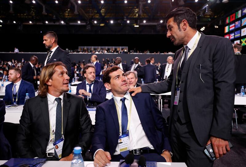 Former football players and Real Madrid teammates, from left, Michel Salgado, Iker Casillas and Luis Figo attend the 68th FIFA Congress in Moscow, Russia, on June 13, 2018. Felipe Trueba / EPA