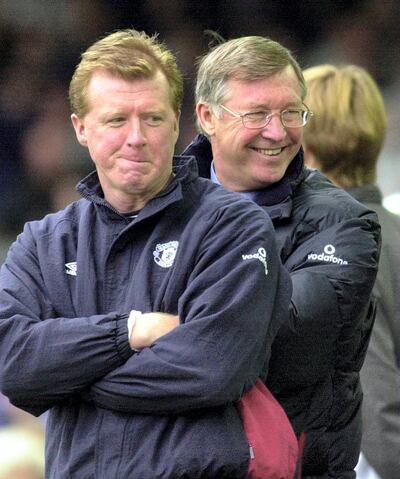 14  Oct 2000:  Sir Alex Ferguson and Steve McClaren of Manchester United watch as their team beat Leicester City 3-0 during the Leicester City v Manchester United FA Carling Premiership match at Filbert Street, Leicester. Mandatory Credit: Ross Kinnaird/ALLSPORT