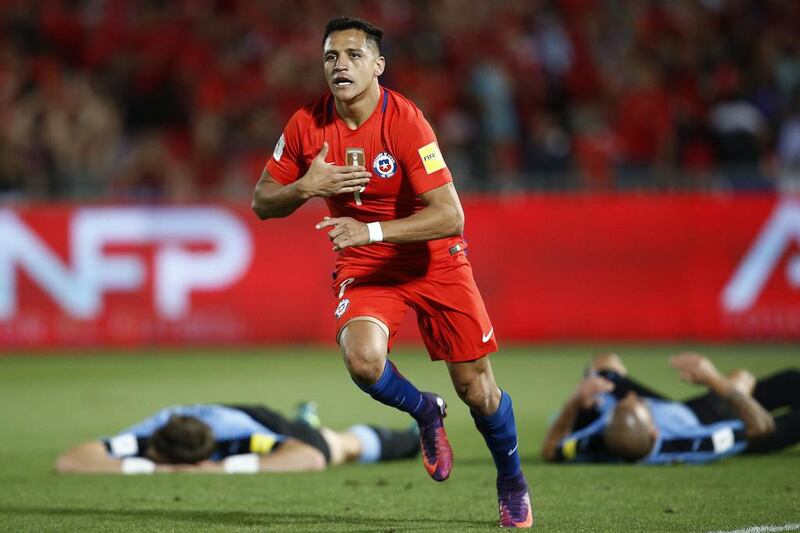 Chile’s Alexis Sanchez celebrates his goal against Uruguay during their Fifa World Cup 2018 qualifying football match at National Stadium in Santiago, Chile. EPA